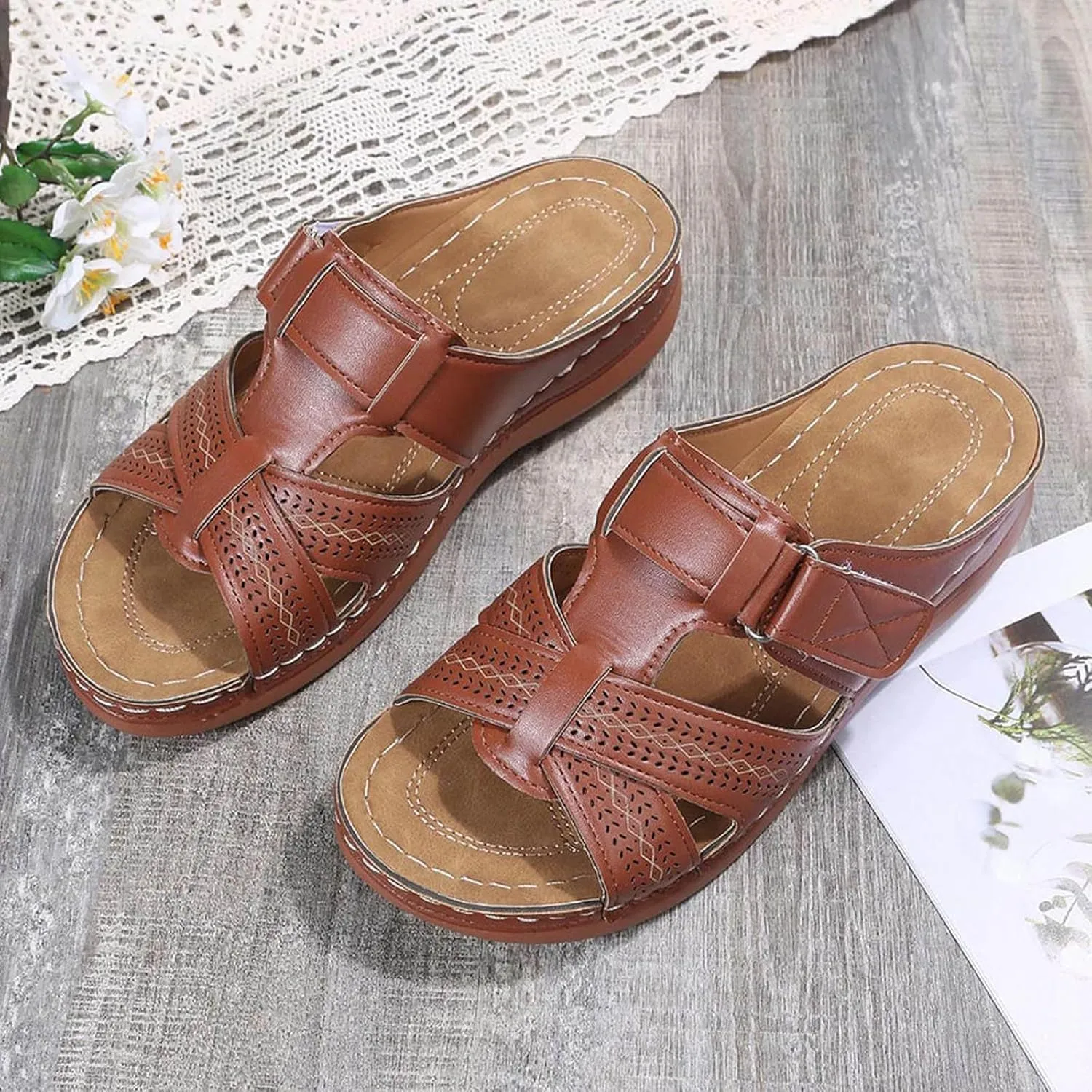 Sandals Women Platform Wedge Breathable Openwork Slip On Wide Width Striped Summer Casual Shoes