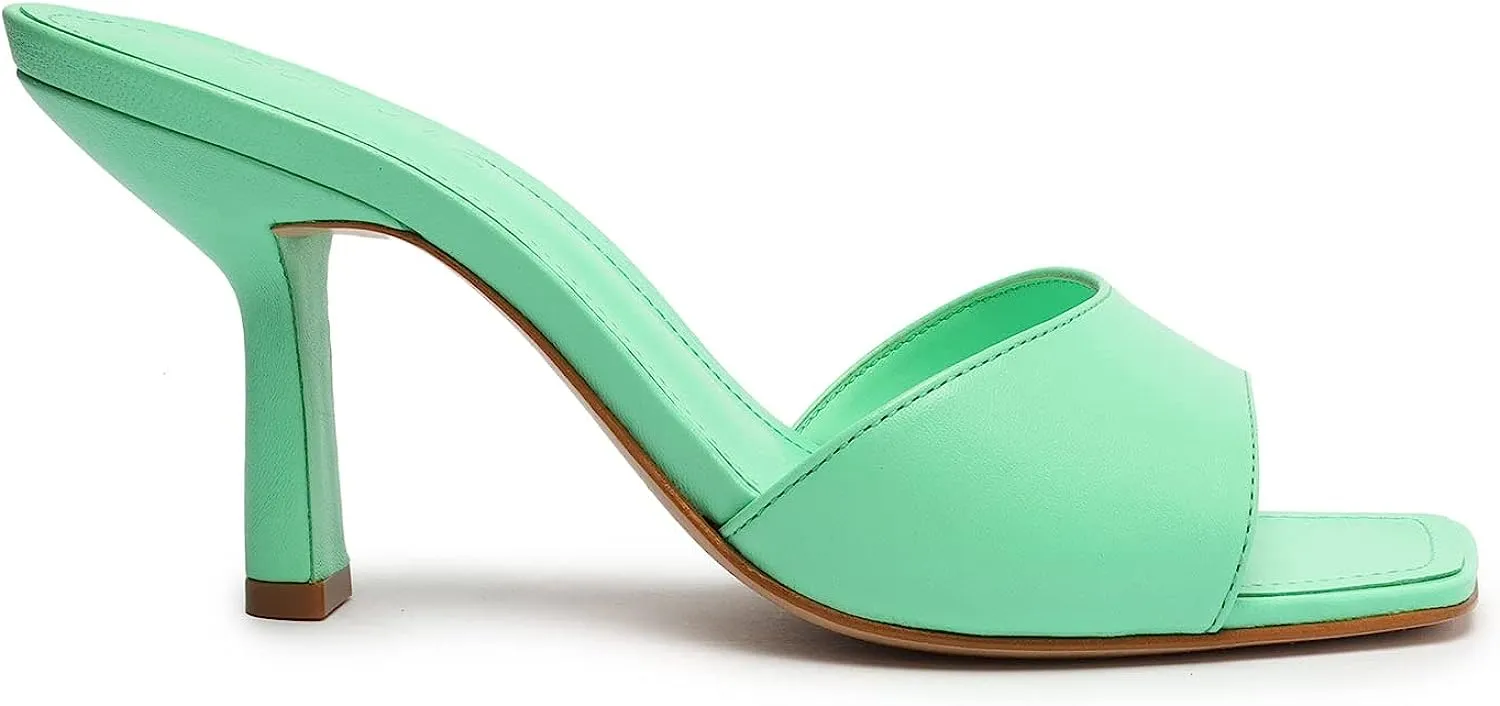 Schutz Posseni Deep Mint Slip On Squared Open Toe Stiletto High Heel Sandals