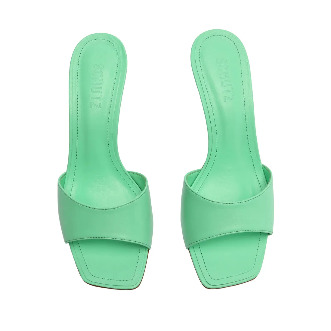 Schutz Posseni Deep Mint Slip On Squared Open Toe Stiletto High Heel Sandals