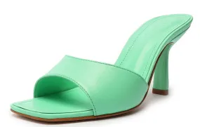 Schutz Posseni Deep Mint Slip On Squared Open Toe Stiletto High Heel Sandals