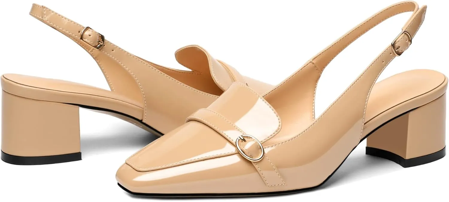 Soireelady Women Block Heel Pumps Slingback Mid Heels Adjustable Buckle Heels Elegant Formal Business Party Dressy Shoes Comfort 2Inch