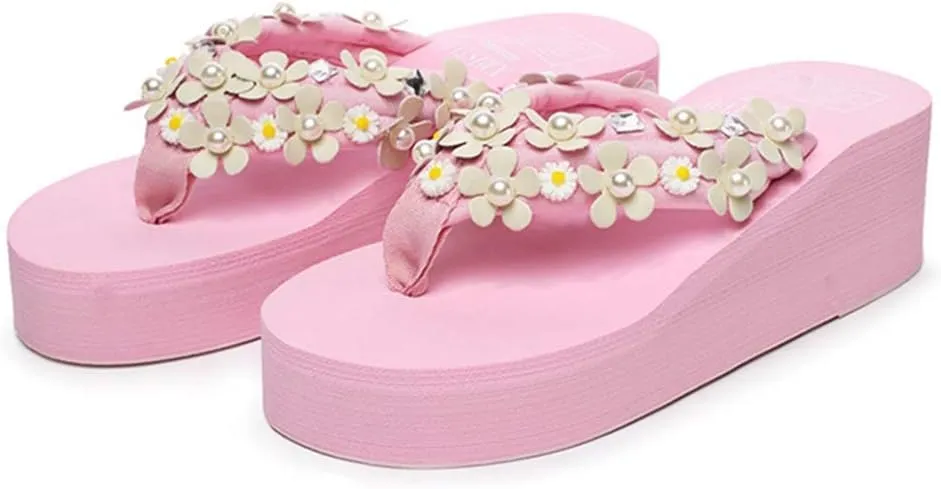 VOKLIN Women's Bohemian Florals Wedge Flipflop Sandals High Heel Platform Nonslip Summer Beach Thong Sandal