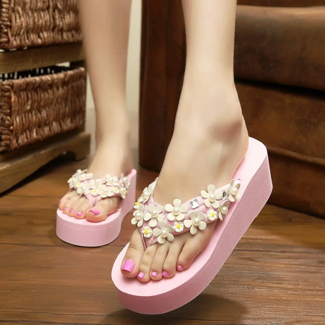 VOKLIN Women's Bohemian Florals Wedge Flipflop Sandals High Heel Platform Nonslip Summer Beach Thong Sandal