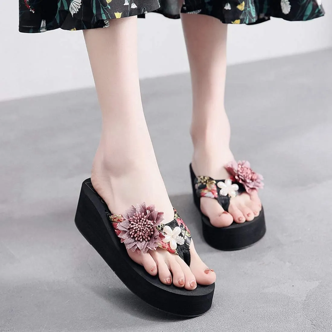 VOKLIN Women's Bohemian Flower Wedge Flipflop Sandals Summer Platform Nonslip High Heel Beach Thong Sandal