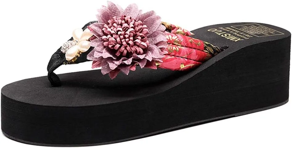 VOKLIN Women's Bohemian Flower Wedge Flipflop Sandals Summer Platform Nonslip High Heel Beach Thong Sandal