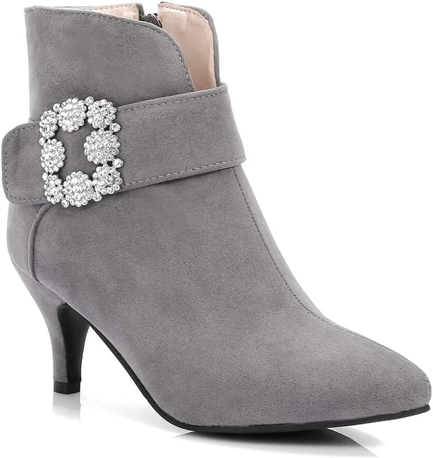 VOKLIN Women's Pointed Toe Dressy Ankle Booties Fashion Rhinestone Comfort Kitten Heels Elegant Short Boots