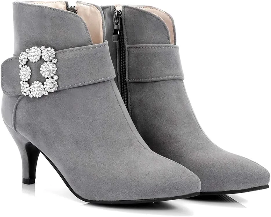 VOKLIN Women's Pointed Toe Dressy Ankle Booties Fashion Rhinestone Comfort Kitten Heels Elegant Short Boots