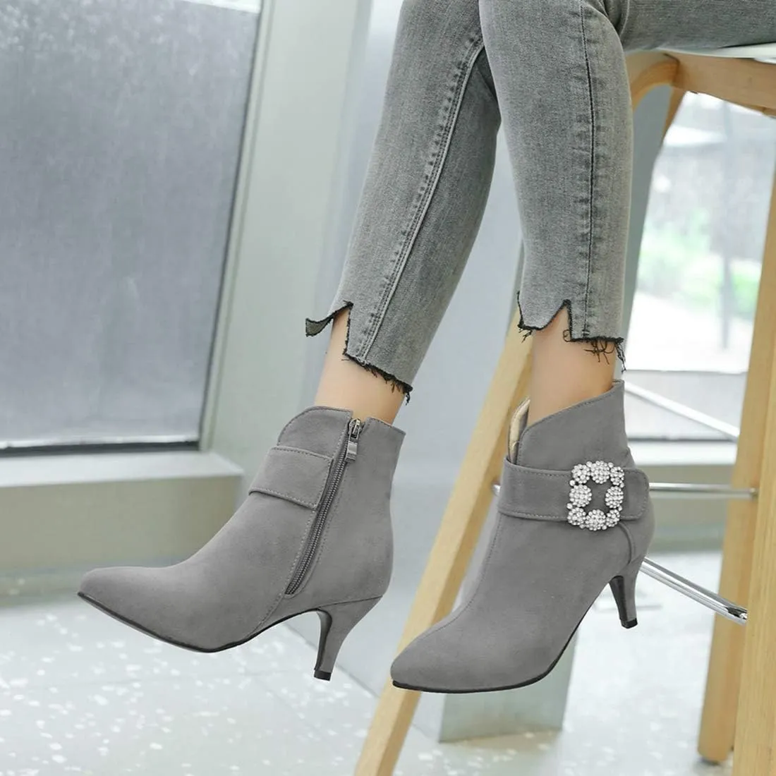 VOKLIN Women's Pointed Toe Dressy Ankle Booties Fashion Rhinestone Comfort Kitten Heels Elegant Short Boots