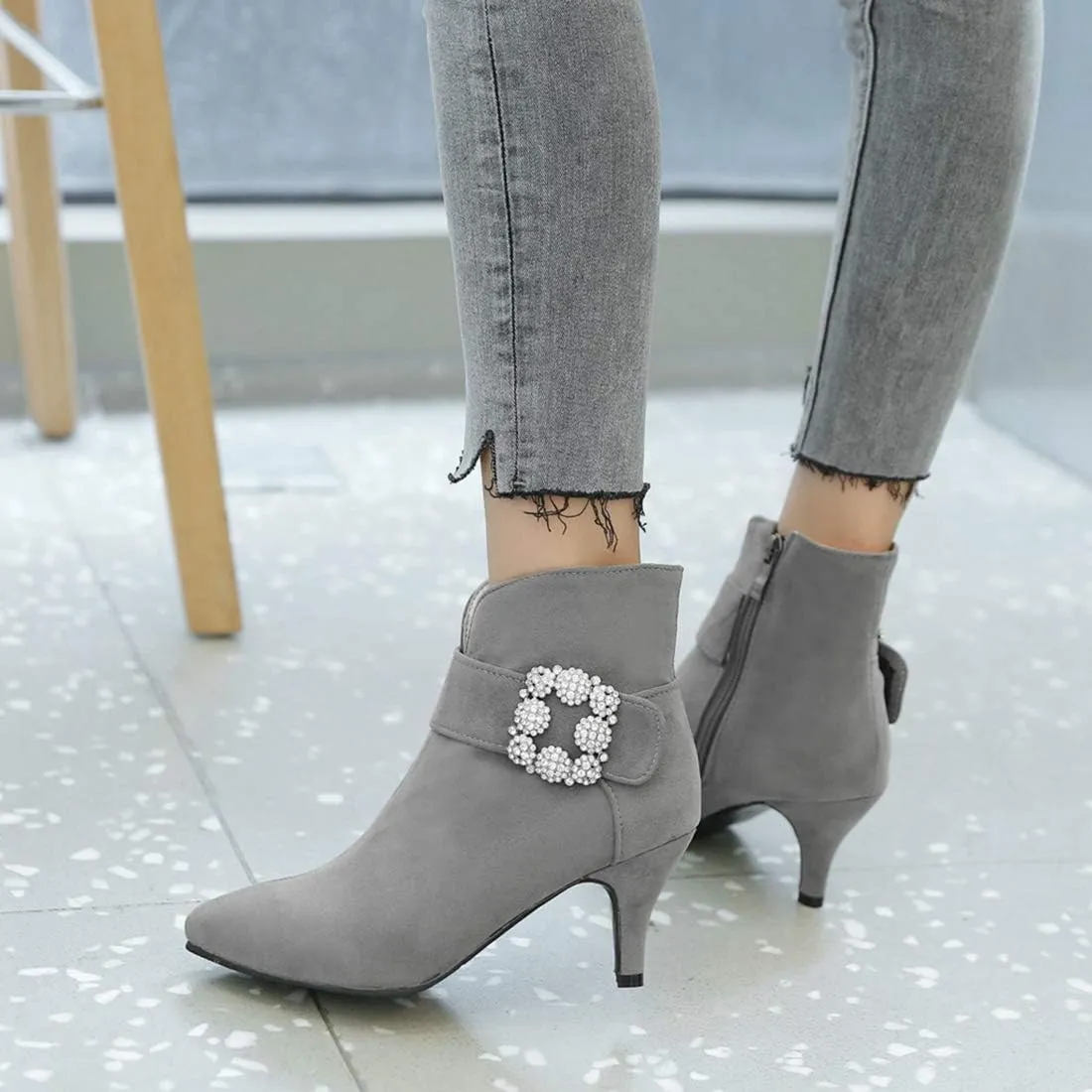 VOKLIN Women's Pointed Toe Dressy Ankle Booties Fashion Rhinestone Comfort Kitten Heels Elegant Short Boots