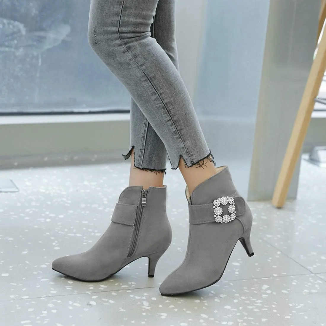 VOKLIN Women's Pointed Toe Dressy Ankle Booties Fashion Rhinestone Comfort Kitten Heels Elegant Short Boots