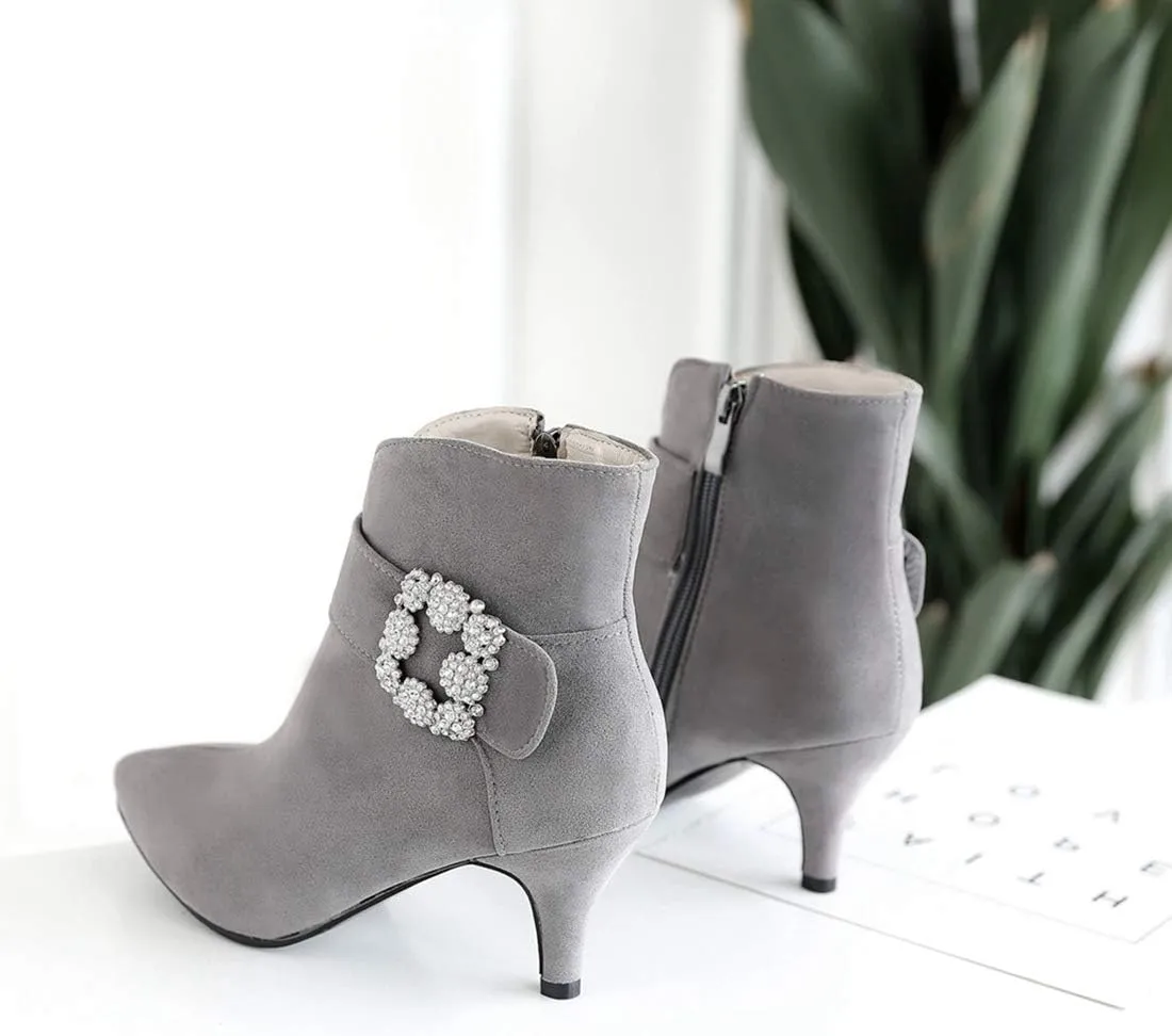 VOKLIN Women's Pointed Toe Dressy Ankle Booties Fashion Rhinestone Comfort Kitten Heels Elegant Short Boots