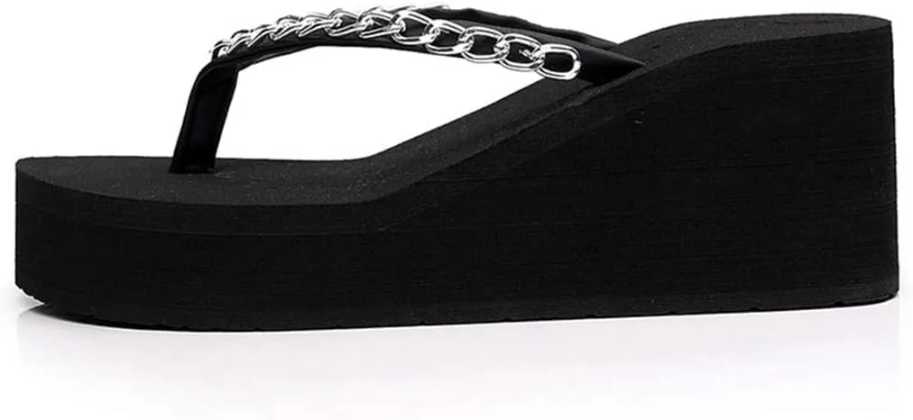 VOKLIN Women's Wedge High Heel Flipflops Fashion Metallic Summer Platform Comfy Nonslip Beach Thong Sandals