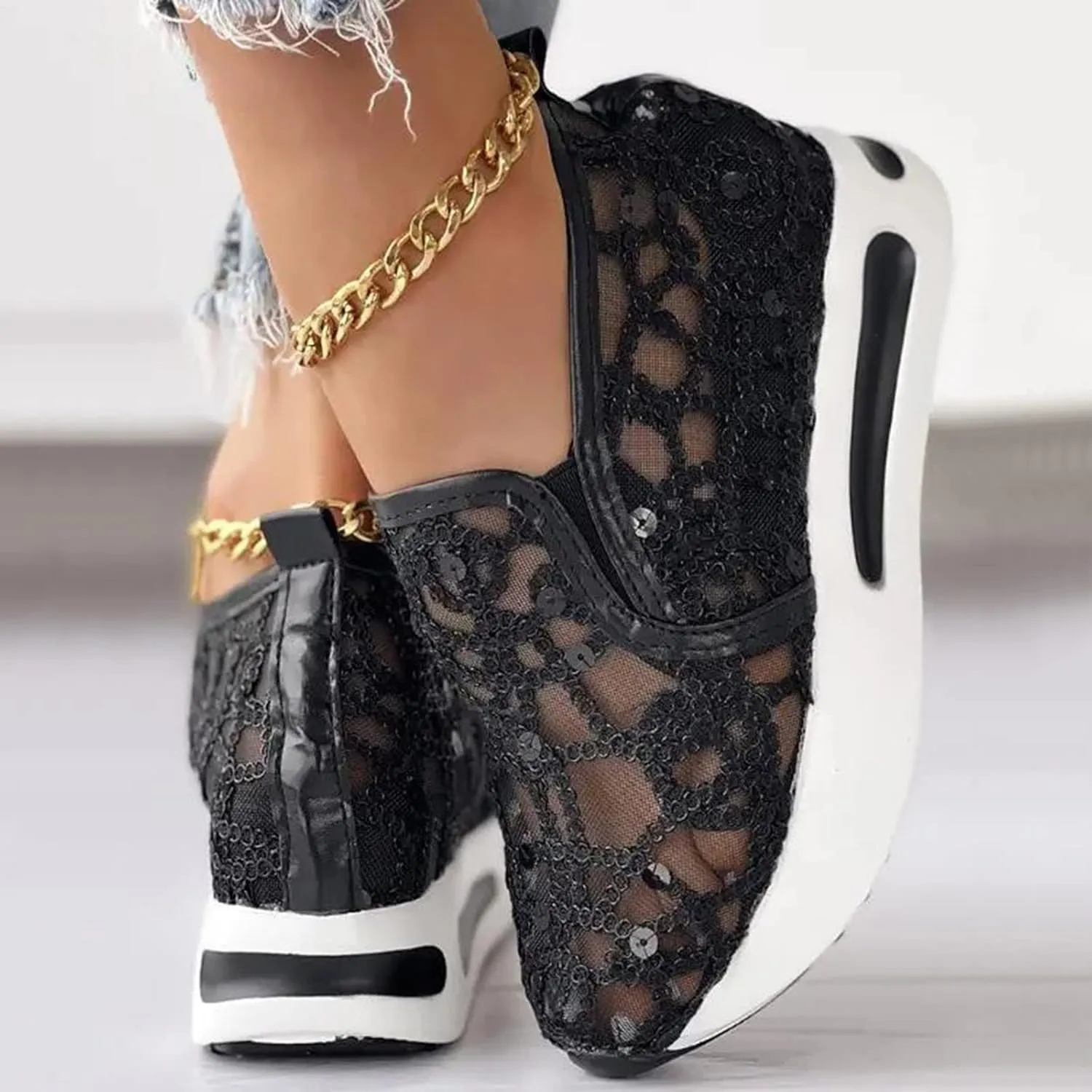 Wedge Platform Sneaker for Women Ladies Fashion Breathable Knitted Mesh Pointed Flat Bottomed Casual Single Shoes for Women Casual Low Top Play Sneakers Loafers
