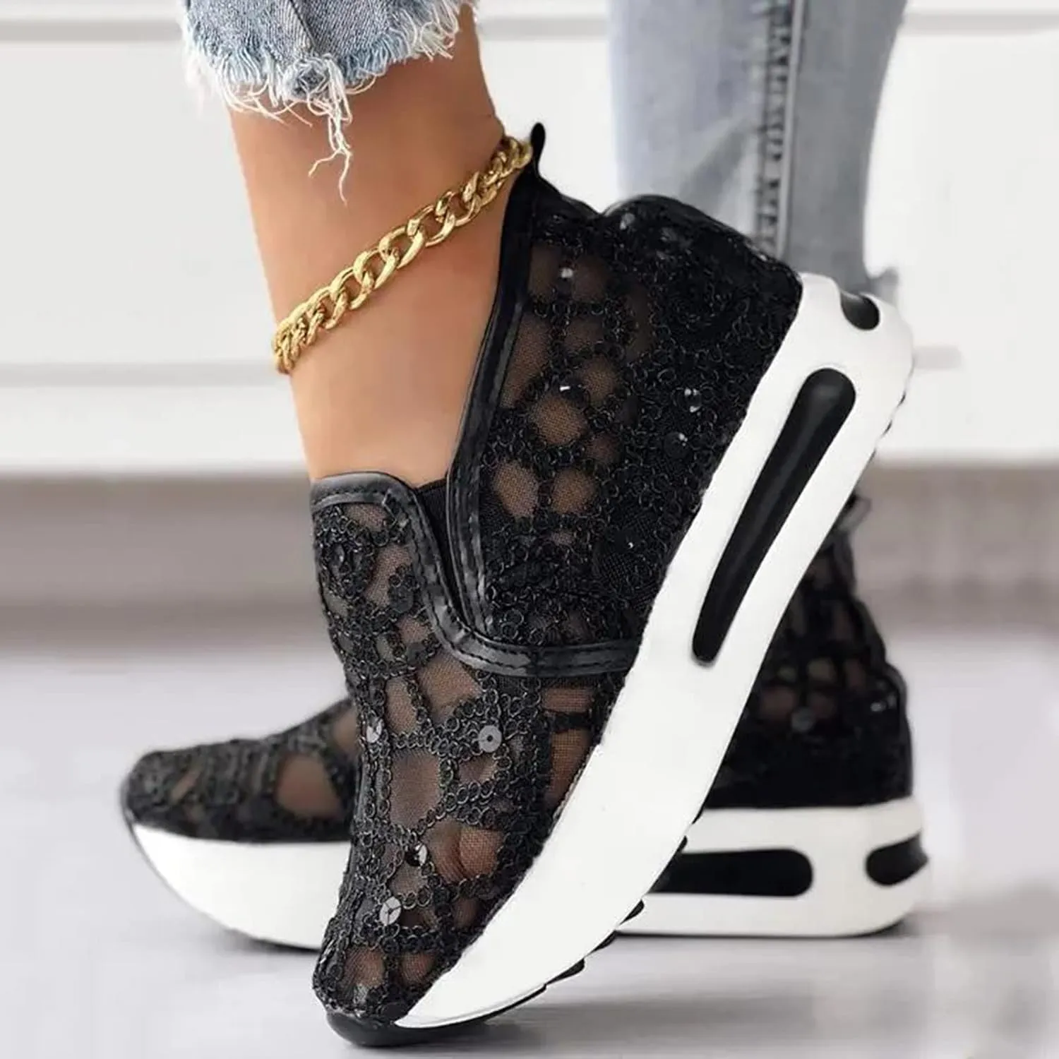 Wedge Platform Sneaker for Women Ladies Fashion Breathable Knitted Mesh Pointed Flat Bottomed Casual Single Shoes for Women Casual Low Top Play Sneakers Loafers