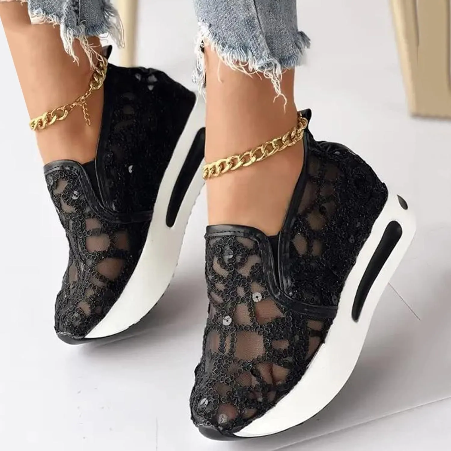 Wedge Platform Sneaker for Women Ladies Fashion Breathable Knitted Mesh Pointed Flat Bottomed Casual Single Shoes for Women Casual Low Top Play Sneakers Loafers