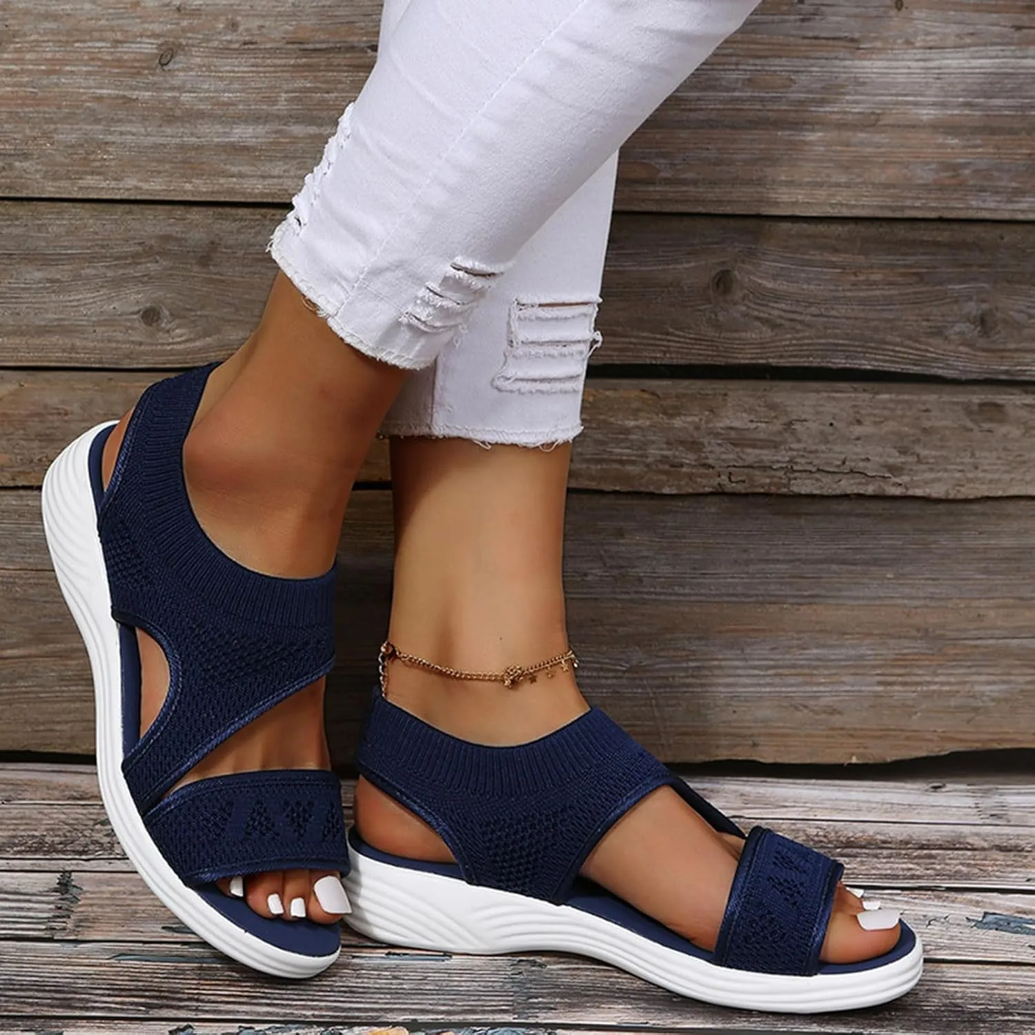 Women's Comfortable Walking Sandals Breathable Sport Elastic Band Shoes Casual Flat Sandals Womens Beach Sandals
