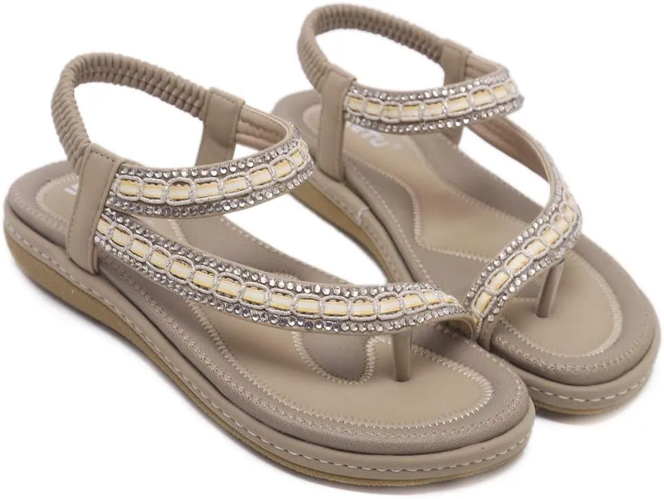 Women's Glitter Rhinestone Flat Sandals Bohemia Toering Summer Beach Elastic Flip Flops Thong Shoes