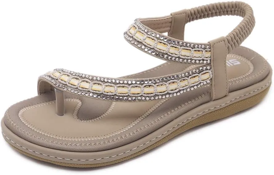 Women's Glitter Rhinestone Flat Sandals Bohemia Toering Summer Beach Elastic Flip Flops Thong Shoes