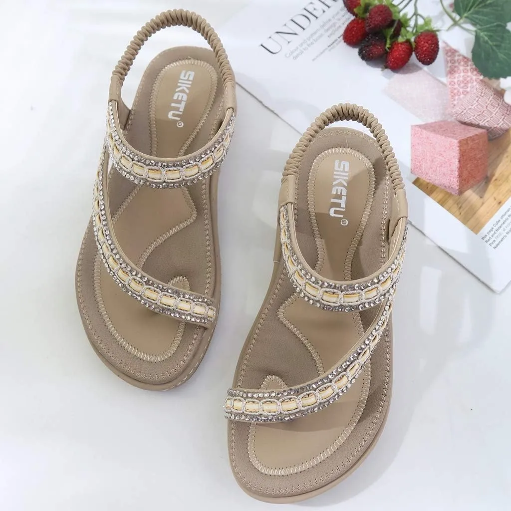Women's Glitter Rhinestone Flat Sandals Bohemia Toering Summer Beach Elastic Flip Flops Thong Shoes