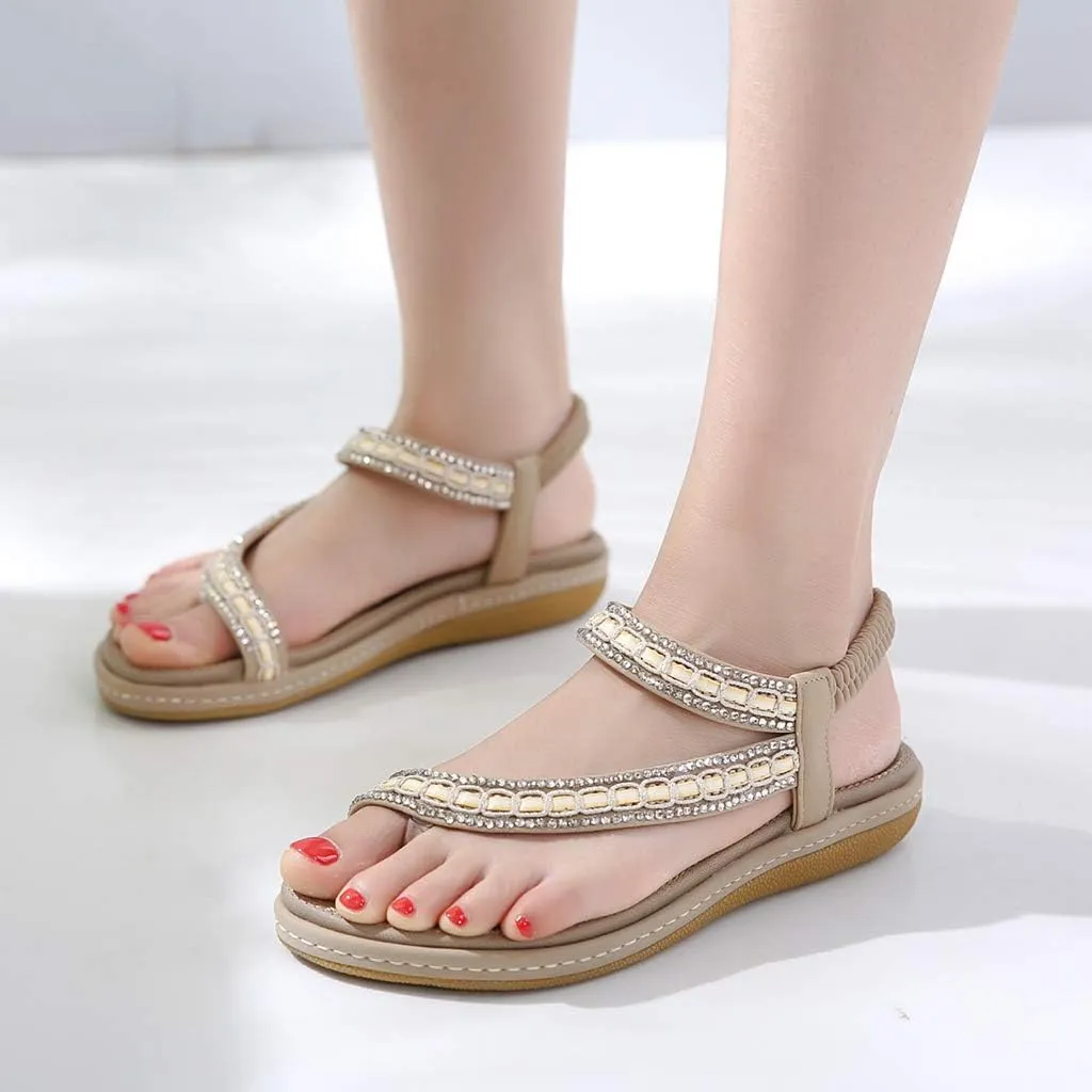 Women's Glitter Rhinestone Flat Sandals Bohemia Toering Summer Beach Elastic Flip Flops Thong Shoes