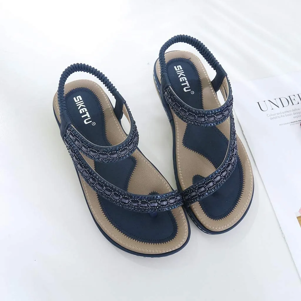 Women's Glitter Rhinestone Flat Sandals Bohemia Toering Summer Beach Elastic Flip Flops Thong Shoes