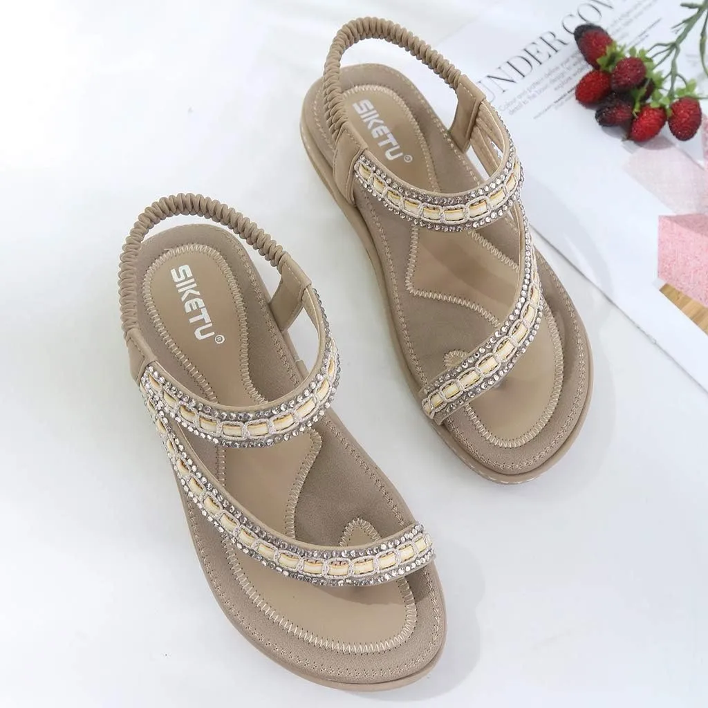 Women's Glitter Rhinestone Flat Sandals Bohemia Toering Summer Beach Elastic Flip Flops Thong Shoes