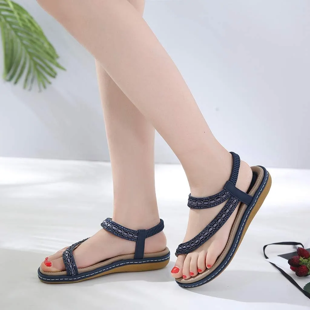 Women's Glitter Rhinestone Flat Sandals Bohemia Toering Summer Beach Elastic Flip Flops Thong Shoes