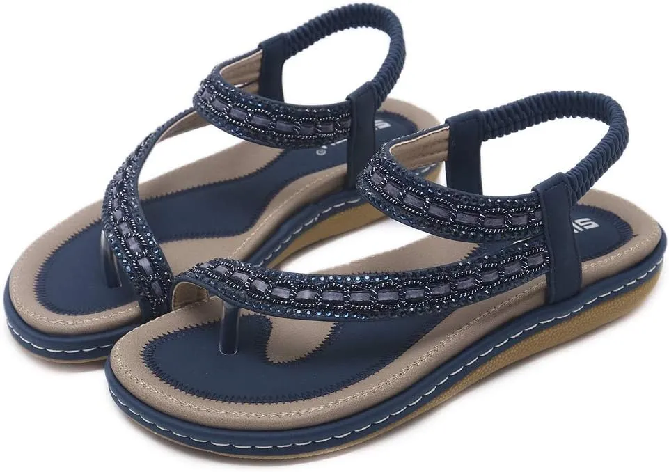 Women's Glitter Rhinestone Flat Sandals Bohemia Toering Summer Beach Elastic Flip Flops Thong Shoes
