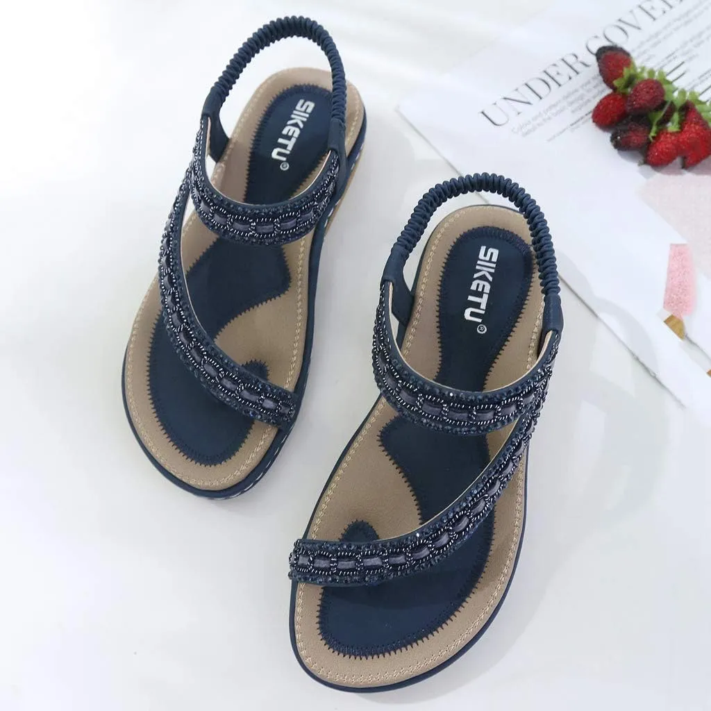 Women's Glitter Rhinestone Flat Sandals Bohemia Toering Summer Beach Elastic Flip Flops Thong Shoes