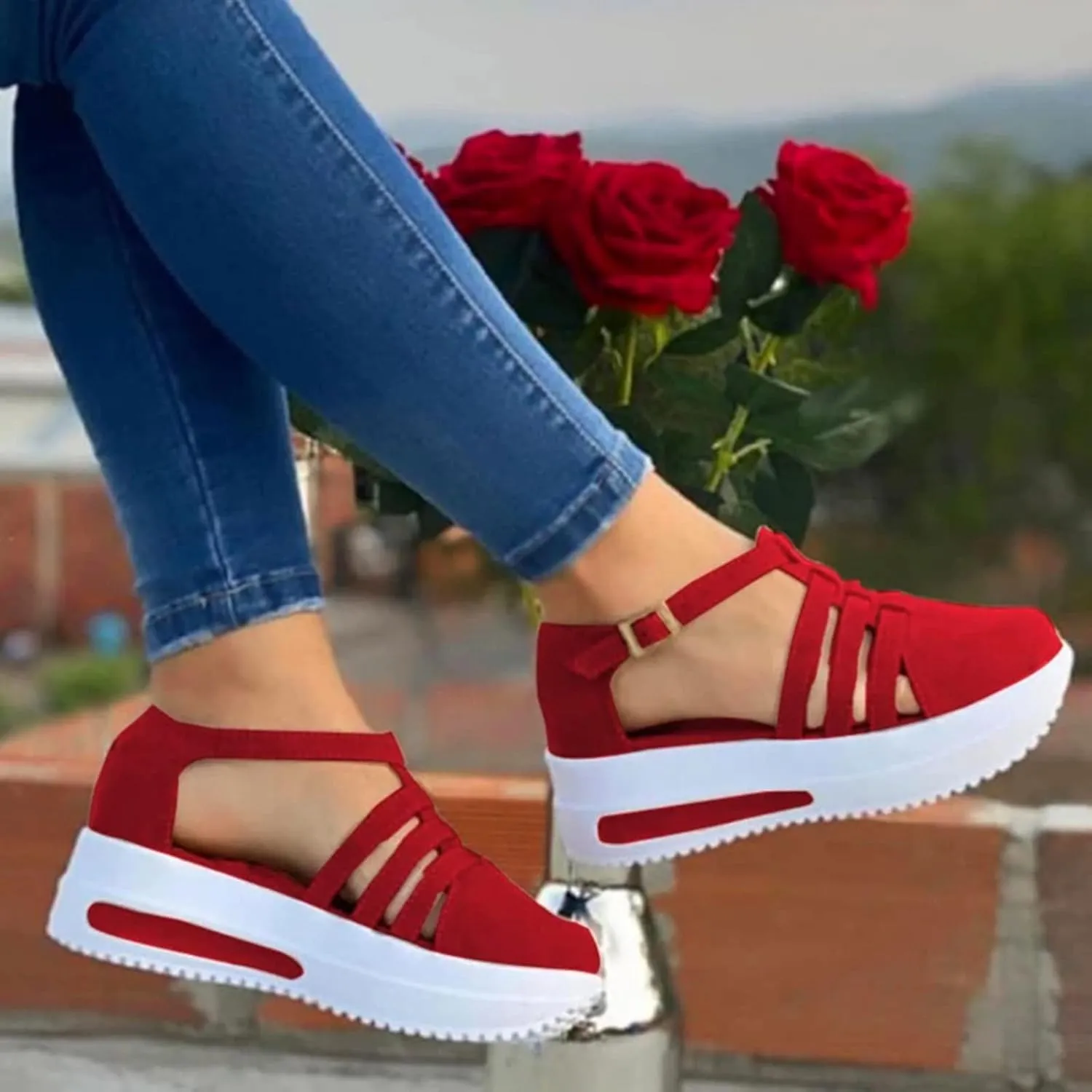 Women's Sandals Dressy Summer Hollow Out Closed Toe Sandals Outdoor Breathable Buckle Strap Platform Sandals